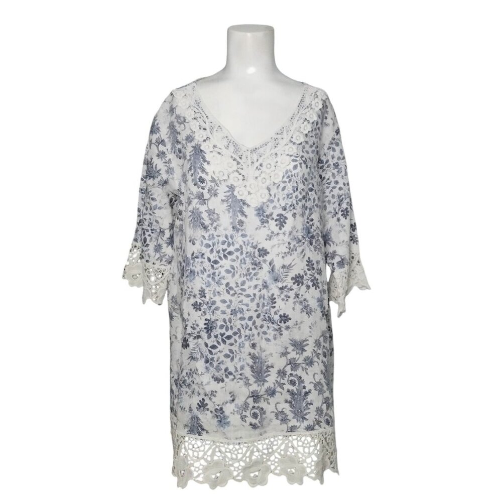 Marina Gigli Italy Linen Long Tunic Top Mini Dress Size L Crotchet Lace Cottage